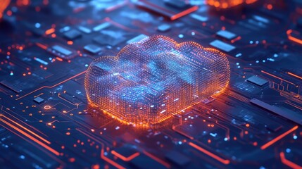 Abstract tech background with printed circuit board, cloud computing and neural network, 3D render