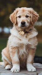 Golden retriever puppy portrait, a cute and happy dog sitting in a studio, showcasing its adorable golden fur and purebred features