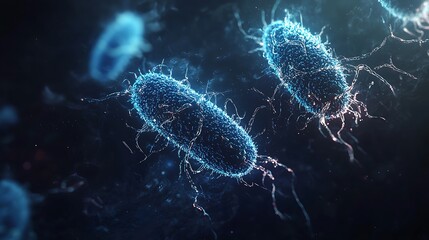 Obraz premium A vibrant, digital illustration of bacteria illuminated by blue light, showcasing their unique shapes and structures against a dark background.