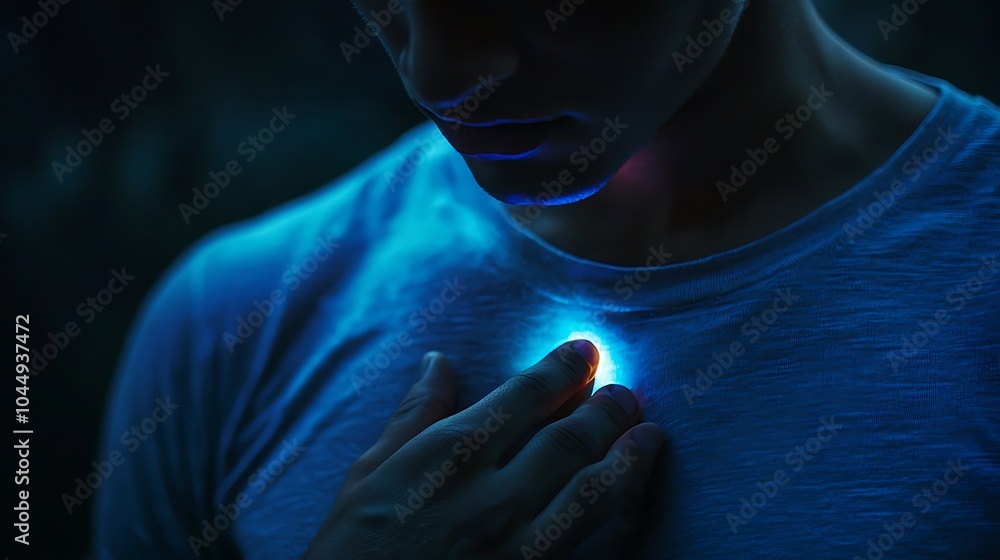 Poster a person gently touches a glowing light on their chest, creating a mystical and introspective atmosp