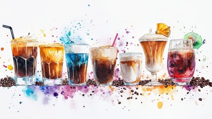 Artistic set of vector coffee beans and coffee cup drinks isolated on white background,hand-drawn vector,hot coffee drinks,cafe shop,modern flat design,Fashionable and cute coffee motif concept.