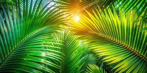 Sunlight Filtering Through Lush Palm Fronds, Casting a Golden Glow on the Vibrant Green Landscape