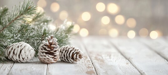 White Wooden Plank Cones and Pine Leaves Close Up Detail with Lights in Background for Christmas Decoration Generative AI
