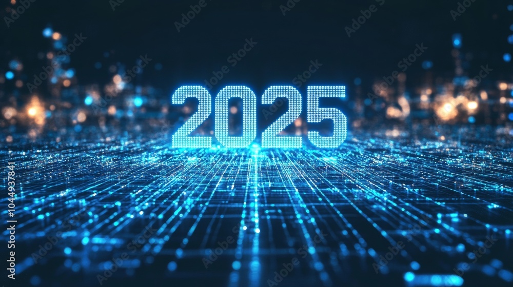 Poster futuristic hologram of a word floating above ground in glowing blue lines generative ai