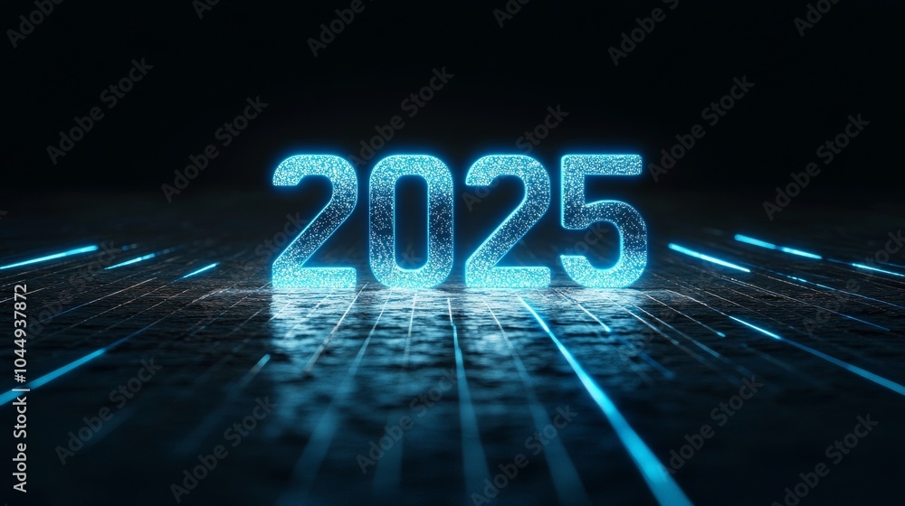Poster futuristic hologram of a word floating above ground in glowing blue lines generative ai
