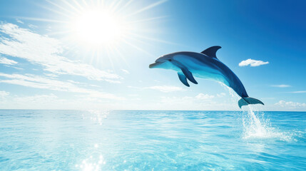 dolphin leaps gracefully out of sparkling blue ocean under bright sun, creating joyful scene that captures beauty of marine life