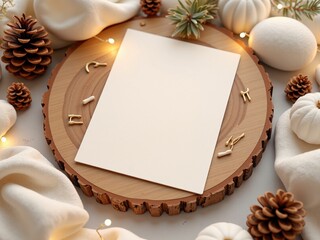 blank christmas paper card on rustic wood slices, surrounded by pinecones, string lights, candles, and christmas decor. Paper card mockup