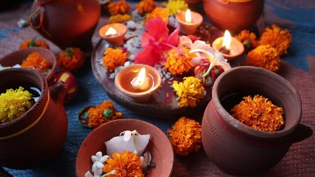 Traditional Karwa Chauth rituals, featuring Karwa Sthapana, diya lighting, and Chhat Pooja elements, symbolizing devotion, culture, and celebration of love and prosperity in Indian festivals