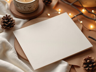 blank christmas paper card on rustic wood slices, surrounded by pinecones, string lights, candles, and christmas decor. Paper card mockup