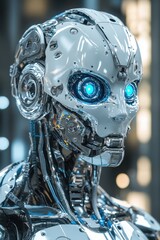 Fototapeta premium Close-up portrait of futuristic robot with blue eyes