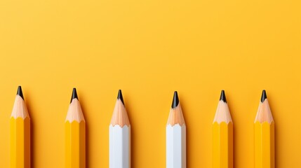 Colorful collection of yellow and white pencils arranged on a vibrant yellow background