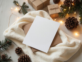 blank christmas paper card on rustic rustic blanket, surrounded by pinecones, string lights, candles, and christmas decor. Paper card mockup