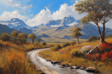painting of a mountain landscape with a stream running through