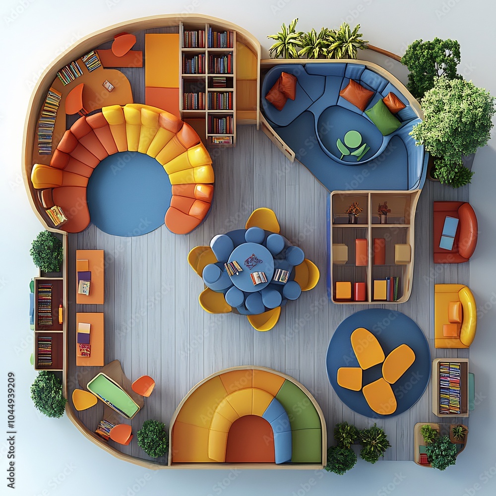 Poster top view 3d render of children's library with dynamic colorful furniture quiet reading nooks and fun