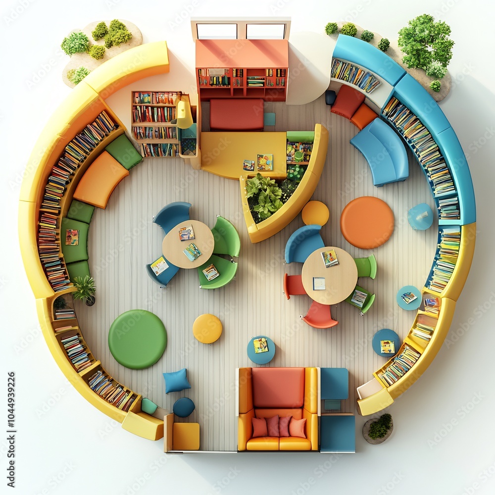 Poster top view 3d render of children's library with dynamic colorful furniture quiet reading nooks and fun