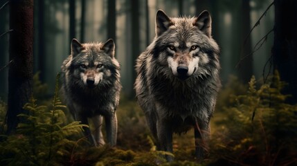 A pair of wolves, eyes alert and focused, navigate through a dense forest,
