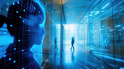 Digital Face in a Modern Office Hallway