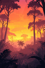 Obraz premium Tropical rainforest jungle plants silhouetted against vivid sunset sky
