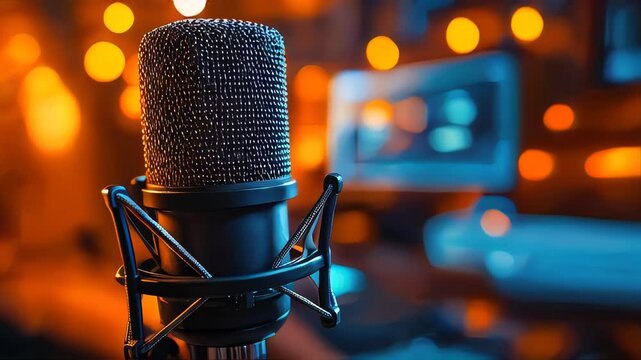 A professional studio microphone in close-up against blurred lights. The microphone is on a stand in warm lighting, perfect for audio recording
