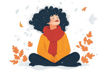 Young woman enjoying autumn day outdoors breathing fresh air