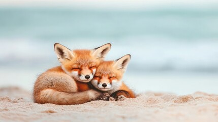 Baby red foxes cuddling at the beach
