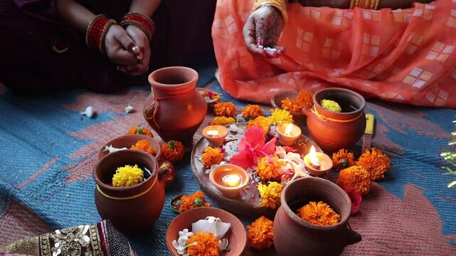 Traditional Karwa Chauth rituals, featuring Karwa Sthapana, diya lighting, and Chhat Pooja elements, symbolizing devotion, culture, and celebration of love and prosperity in Indian festivals