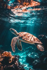 Obraz premium Sea Turtle Swimming in Ocean Underwater Close Up Generative AI