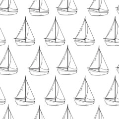 Sailing ship black and white vector outline seamless pattern isolated. Sailboat, vessel, sea transport graphic hand drawn repeating background. Childish nautical line art for boys, textile.