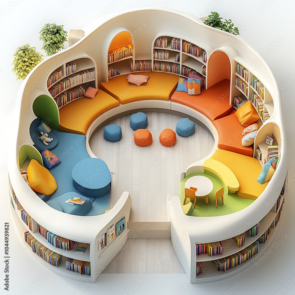 Poster top view 3d render of children's library with dynamic colorful furniture quiet reading nooks and fun