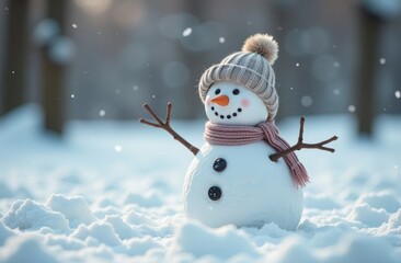Fototapeta premium A small funny snowman in a hat and scarf stands in a snowy park. Festive background with a funny snowman. Christmas card, copy space.