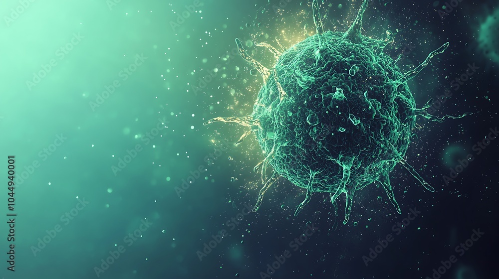 Poster a detailed digital rendering of a virus, showcasing its complex structure and vibrant colors against