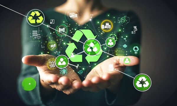 Hands holding a glowing recycling symbol with digital icons.