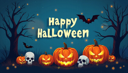 A Halloween scene with a dark blue night sky, trees, jack-o-lanterns, skulls, and bats. The text "Happy Halloween" is written in a whimsical font.