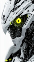 Futuristic robot with glowing yellow eye close-up