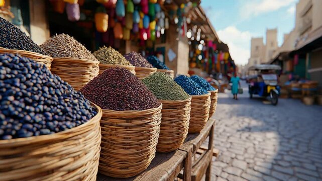 various type of beans and spice on woven bucket at Indian street market 