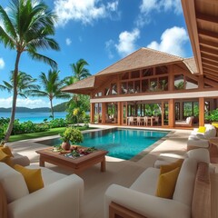 Fototapeta premium Luxury villa with infinity pool and ocean view, a perfect getaway for relaxation and tranquility.