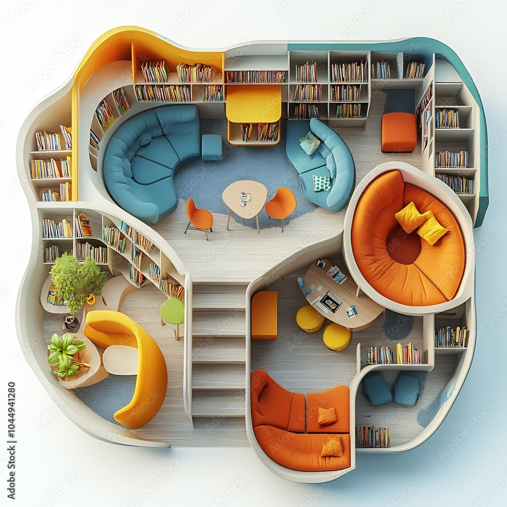 Poster top view 3d render of children's library with bright colorful furniture cozy reading nooks and inter