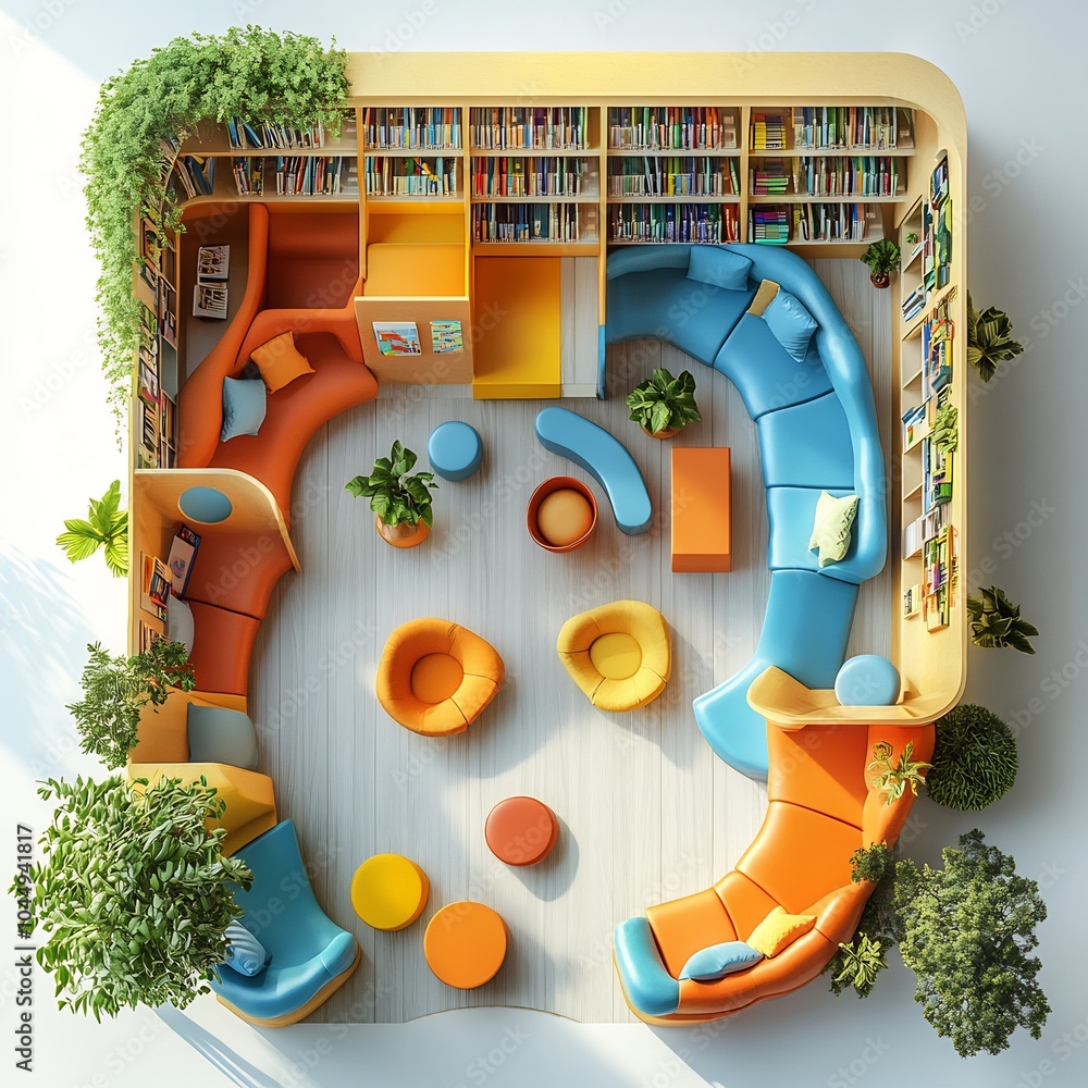 Poster top view 3d render of children's library with bright colorful furniture cozy reading nooks and inter