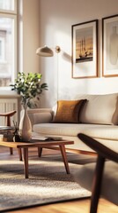 Fototapeta premium A living room with a white couch, a coffee table, and two chairs