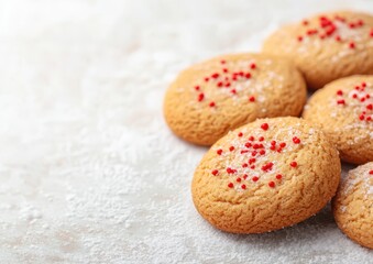 A close-up of freshly baked cookies with red sprinkles, arranged on a dusted surface, emphasizing their golden color and inviting texture.