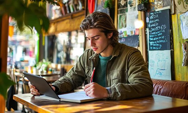 Man working on tablet and taking notes in cozy cafe with ai generated.
