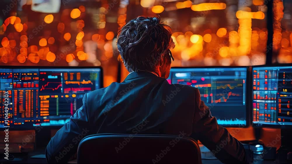 Aufkleber a stock trader sits in front of multiple monitors displaying financial data, illuminated by warm cit