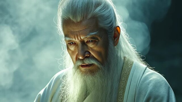 and old Chinese man with white hair and long beard, Wuxia fantasy fictional character theme 