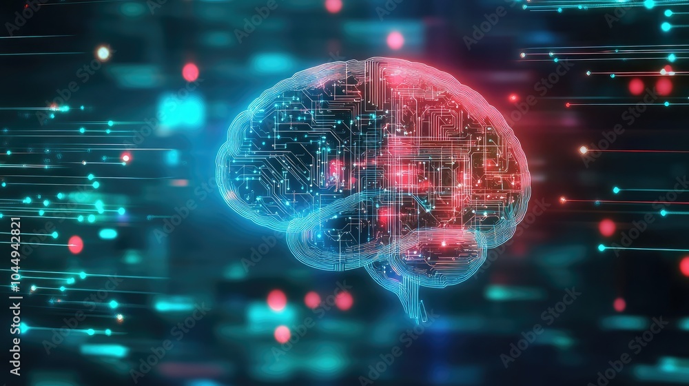 Poster circuit board brain concept representing ai communication and human neural networks