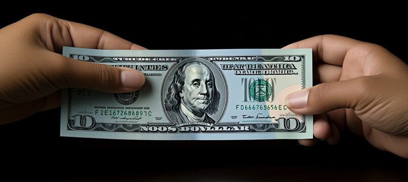 Hands exchanging a ten-dollar bill against a dark background in a close-up setting