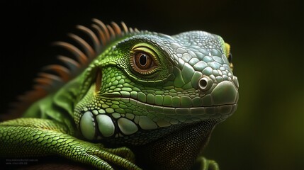 Fototapeta premium Close-up portrait of a green iguana with a focused stare and detailed scales.