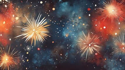 Fototapeta premium Dazzling fireworks in a watercolor style with vibrant splashes of color, set against a dark background with stars for a festive Diwali scene. Diwali