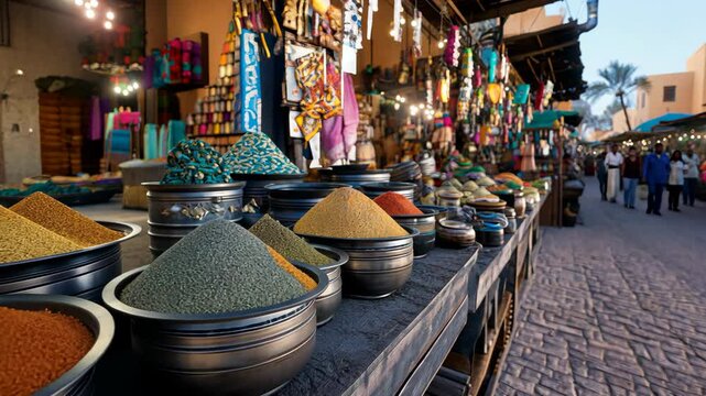 various type of beans and spice on woven bucket at Indian street market