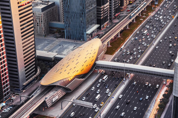 Dubai. Aerial view of a metro station in Downtown Dubai. Sheikh Zayed Avenue, United Arab Emirates.