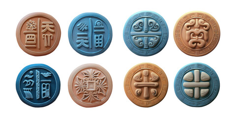 Colorful Chinese Symbols and Seals on Display, PNG collection, set bundle, isolate on transparent or white background